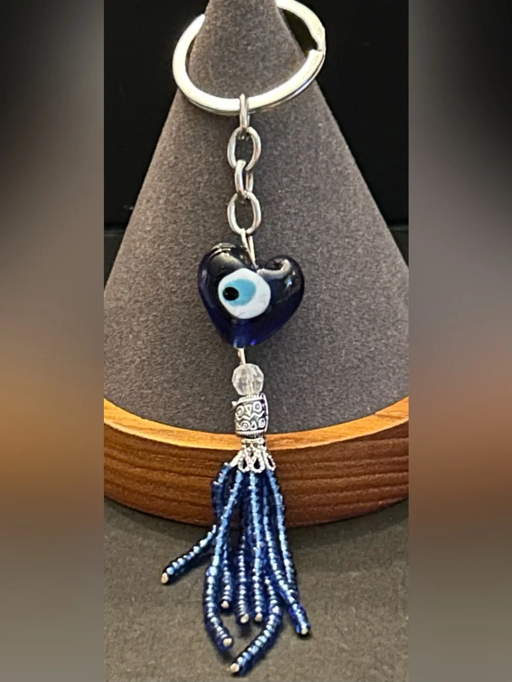 Fashion Glass & Silver Metal Blue Heart 💙 Evil Eye 🧿 Tassel Bag Charm Keychain